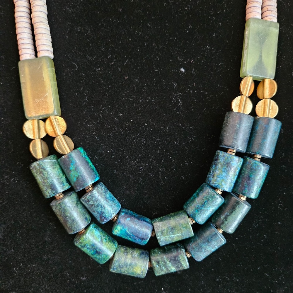 David Aubrey Fredricka Magnesite‎ Ghana Glass Brass Double Strand Necklace Teal